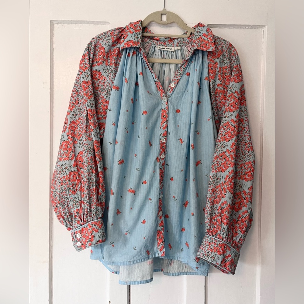 Roller Rabbit Dening Adrianna Floral Blue Womens Long Sleeve Blouse Large L Top